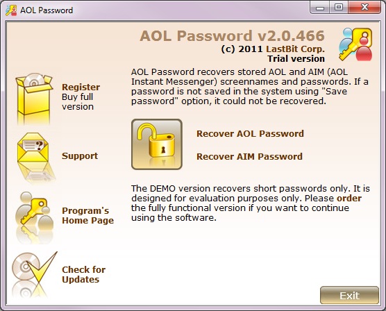 LastBit AOL Password Recovery screen shot