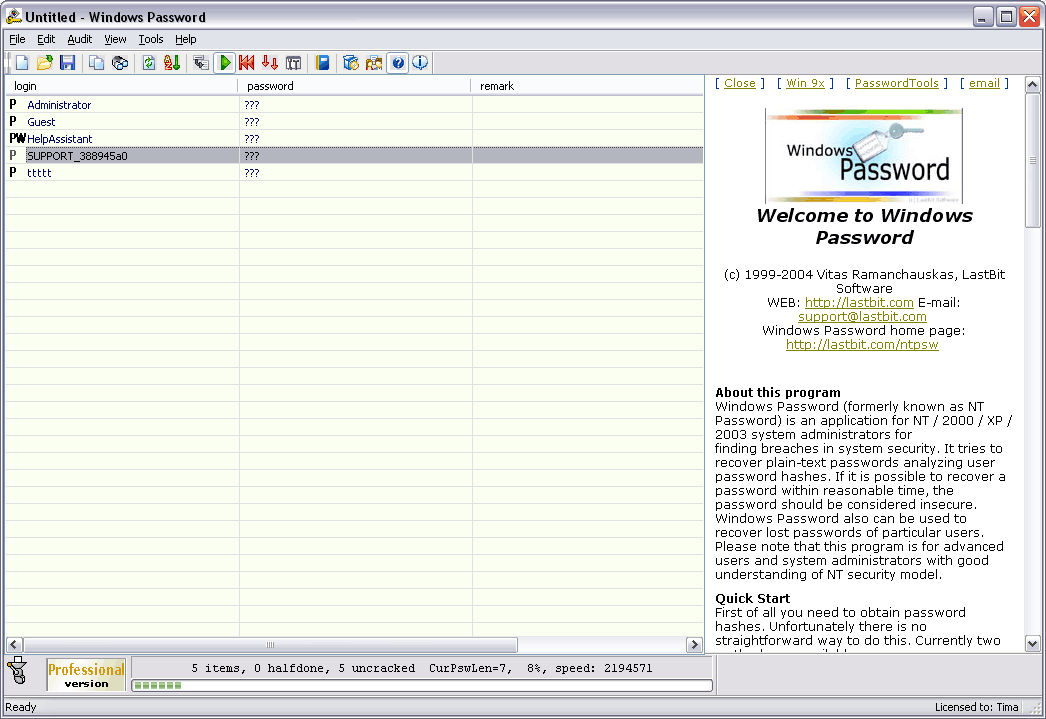 Screenshot of Windows Password 6.0.1509